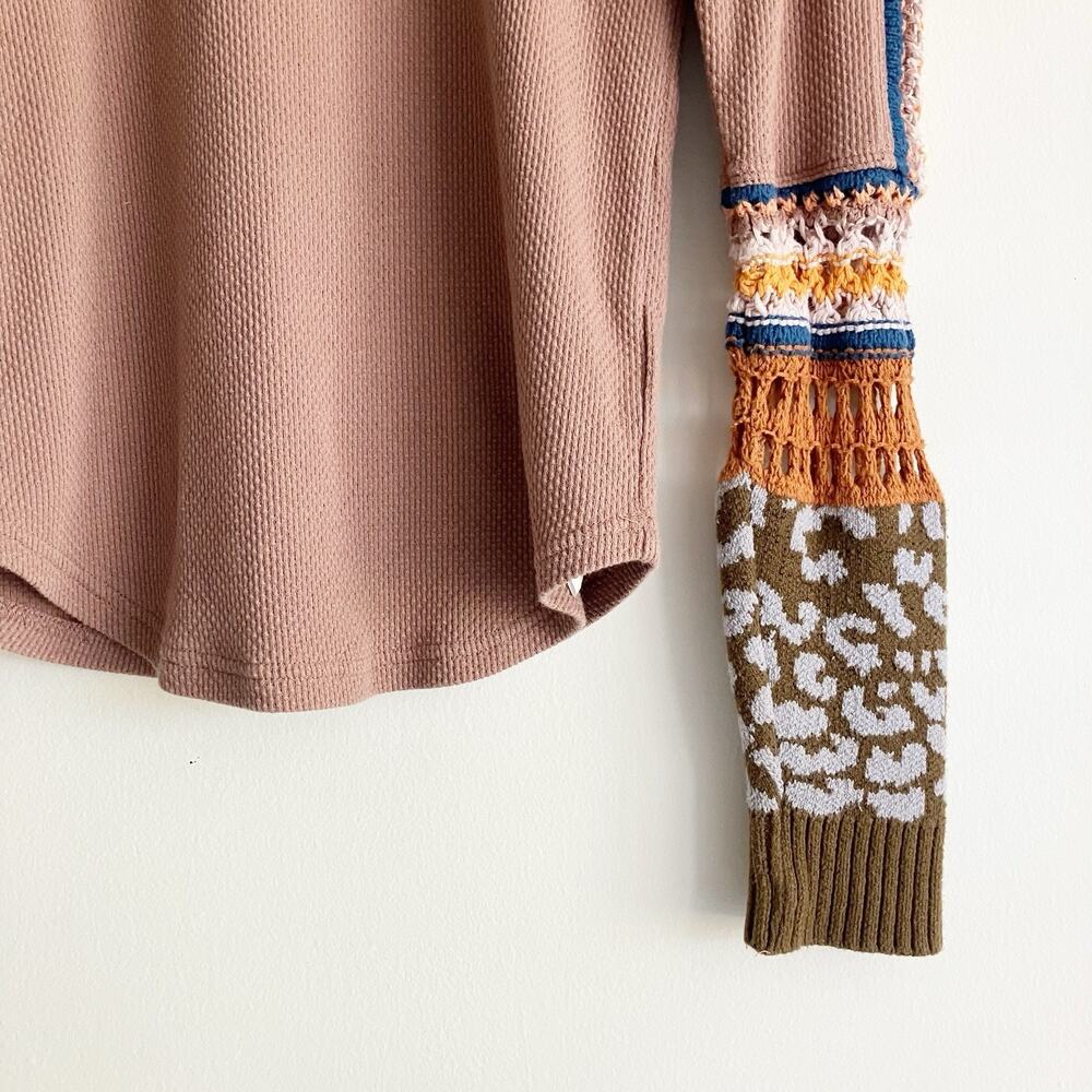 Free People Medium Crochet Sleeves Thermal Brown Boho Bohemian Fall Autumn - Picture 2 of 6